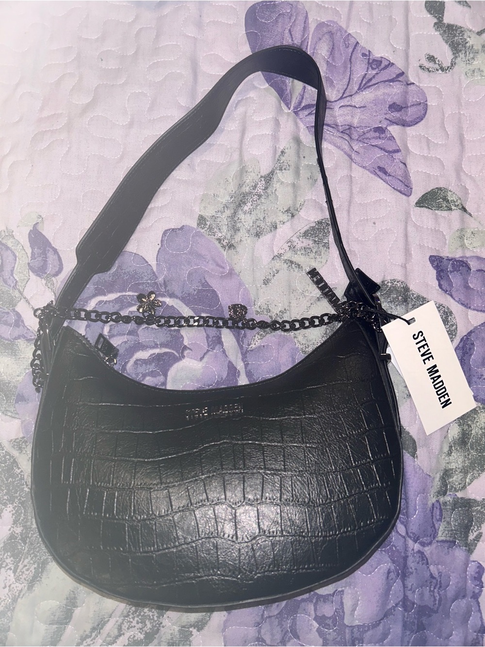 Steve Madden Black Croc-Embossed Shoulder Bag with Chain Detail